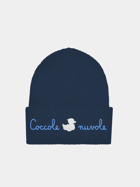 Kid blue ribbed beanie with Coccole nuvole embroidery | COCCOLEBIMBI SPECIAL EDITION - MC2 Saint Barth