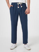 Man navy blue linen Calais pants with drawstring