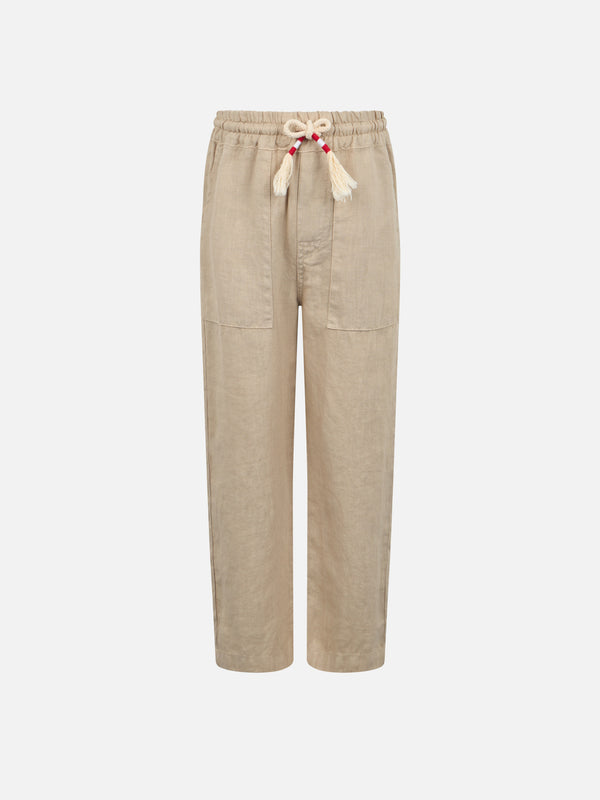 Pantaloni Calais Jr da bambino in lino beige con coulisse