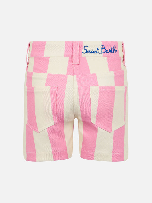 Girl pink striped print denim bermuda Cancun