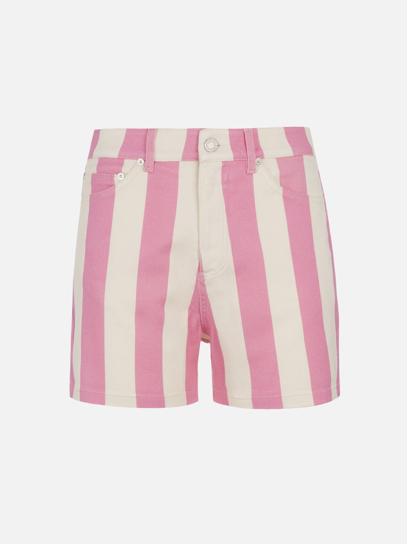 Woman pink striped print denim bermuda Cancun