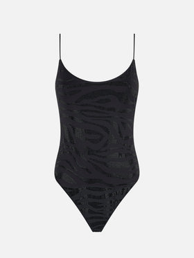Woman one piece swimsuit with zebra rhinestones