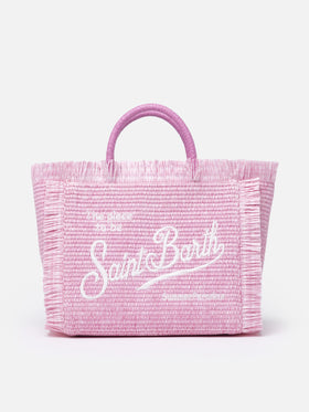Rosafarbene Colette Straw-Handtasche mit Stickerei
