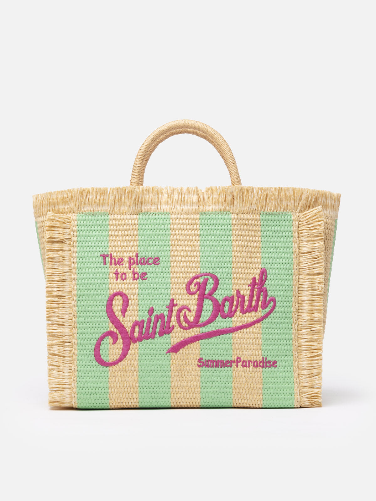 Wassergrün gestreifte Colette Straw Handtasche mit Stickerei