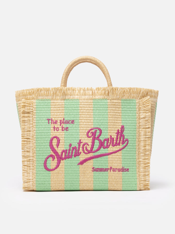 Wassergrün gestreifte Colette Straw Handtasche mit Stickerei