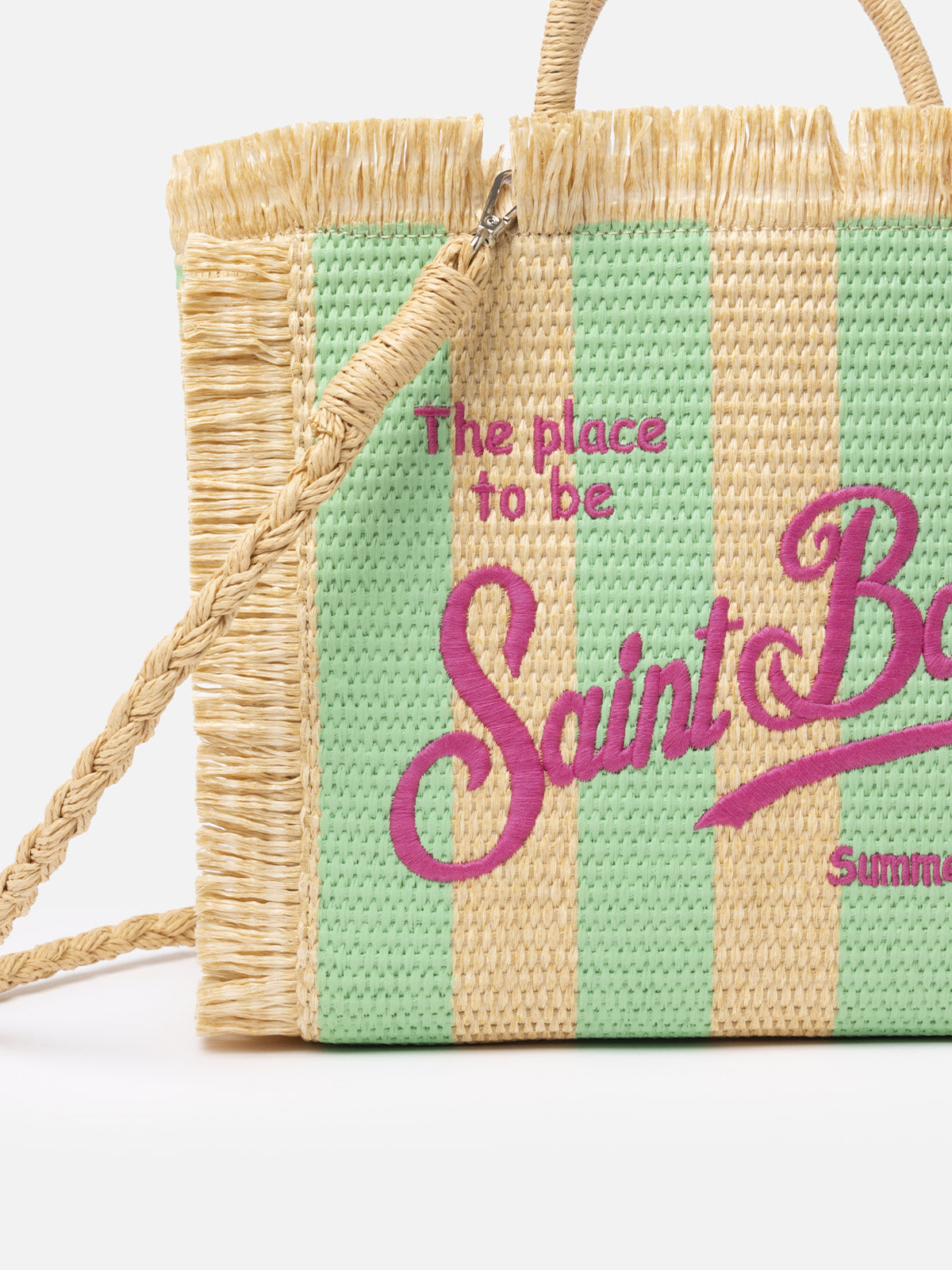 Wassergrün gestreifte Colette Straw Handtasche mit Stickerei