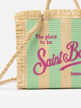 Wassergrün gestreifte Colette Straw Handtasche mit Stickerei