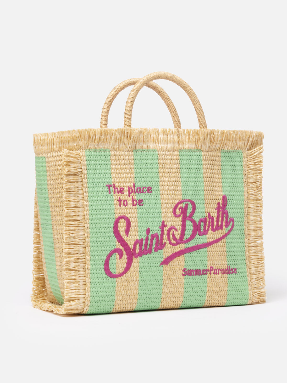 Wassergrün gestreifte Colette Straw Handtasche mit Stickerei