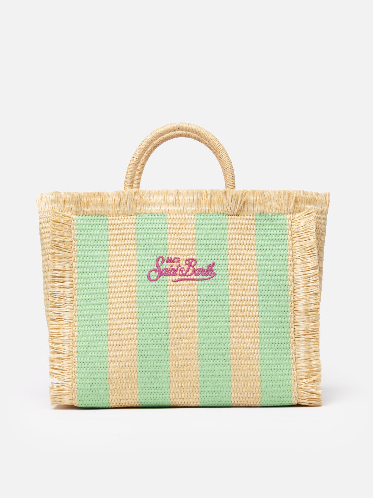 Wassergrün gestreifte Colette Straw Handtasche mit Stickerei