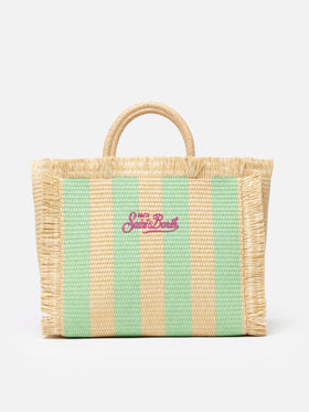 Wassergrün gestreifte Colette Straw Handtasche mit Stickerei