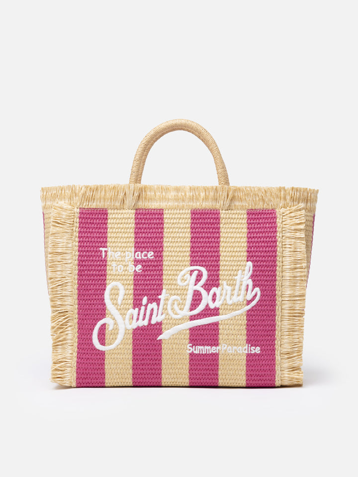 Fuchsia gestreifte Colette Straw-Handtasche mit Stickerei