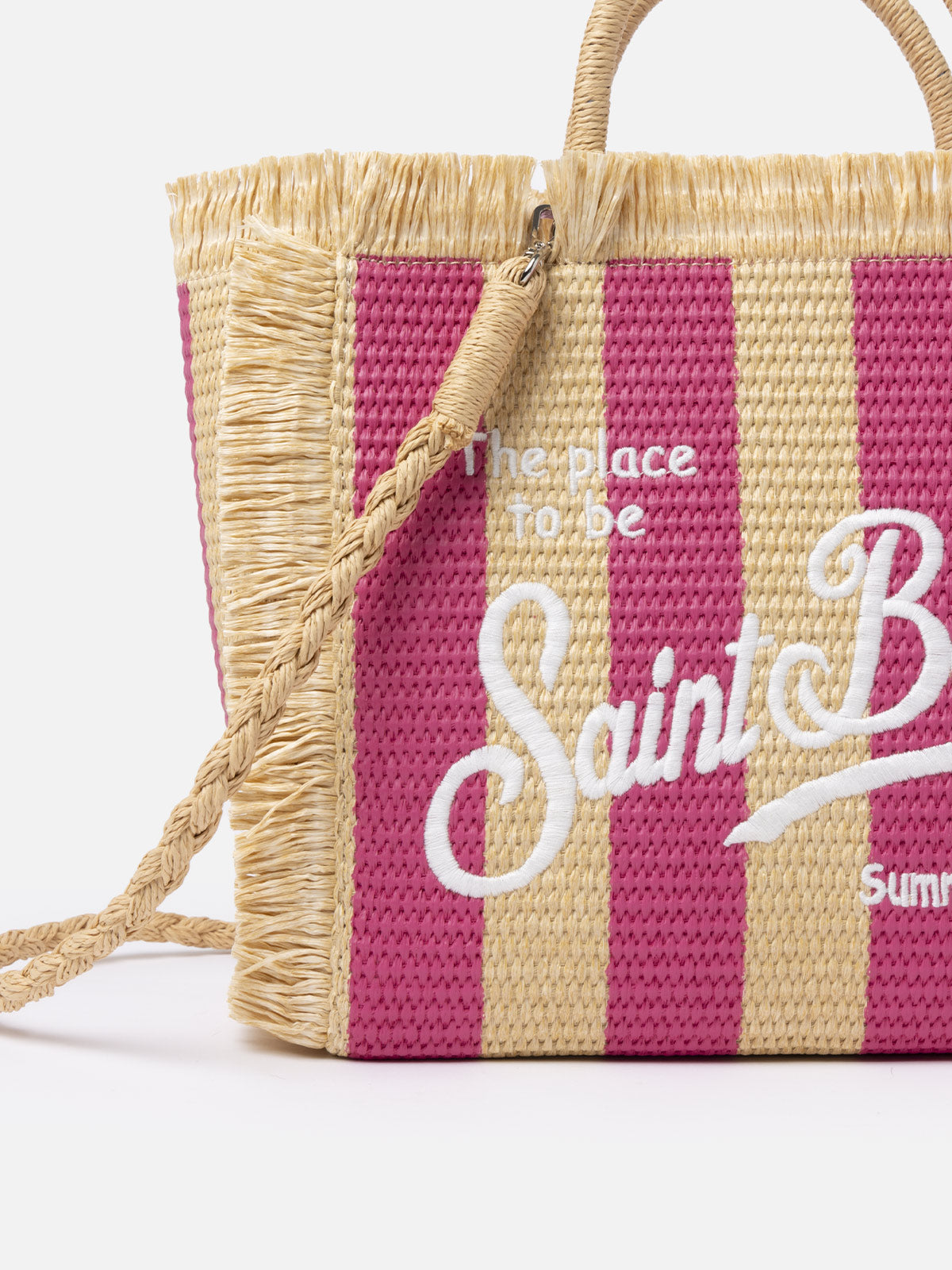 Fuchsia gestreifte Colette Straw-Handtasche mit Stickerei