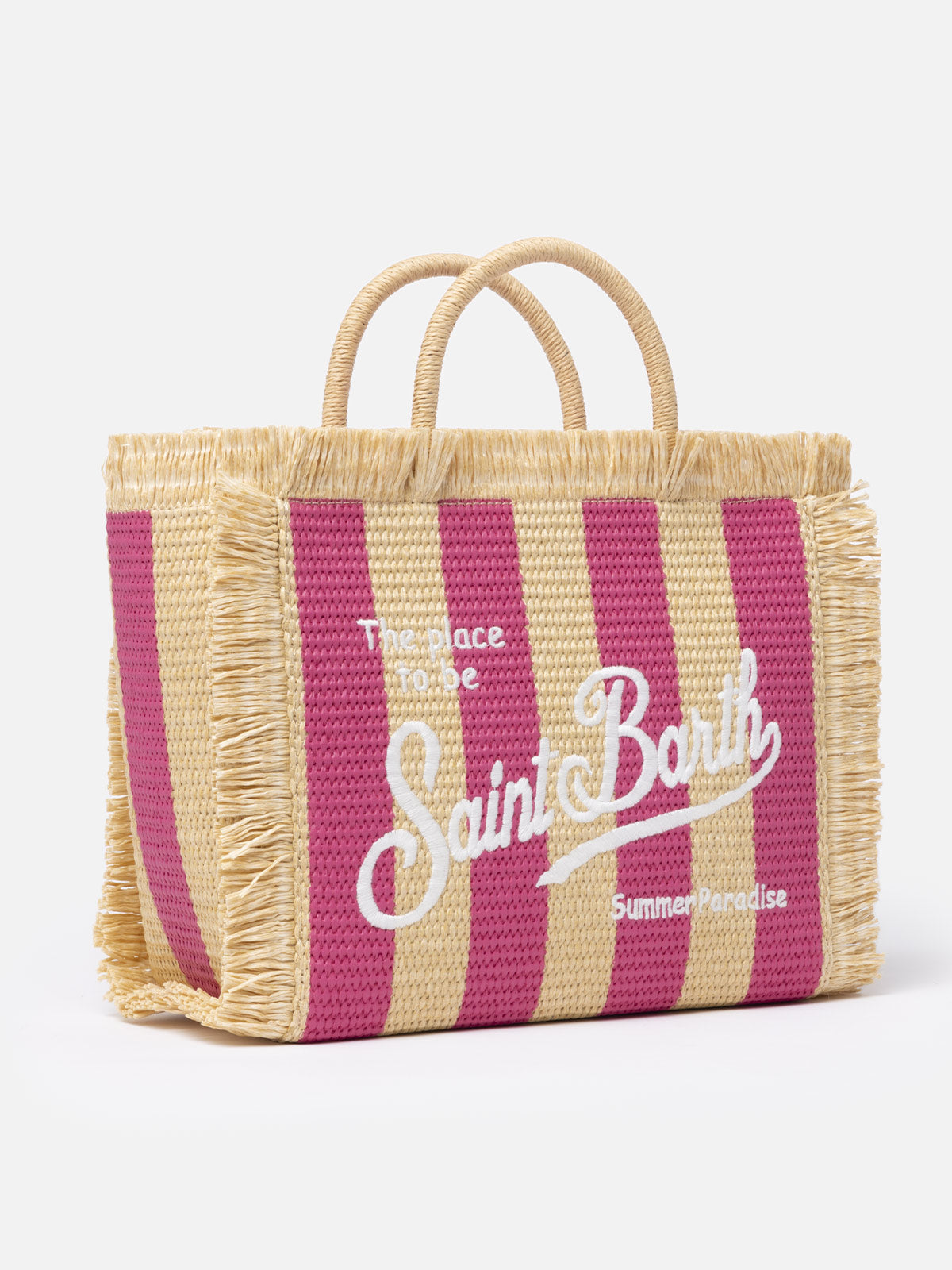 Fuchsia gestreifte Colette Straw-Handtasche mit Stickerei