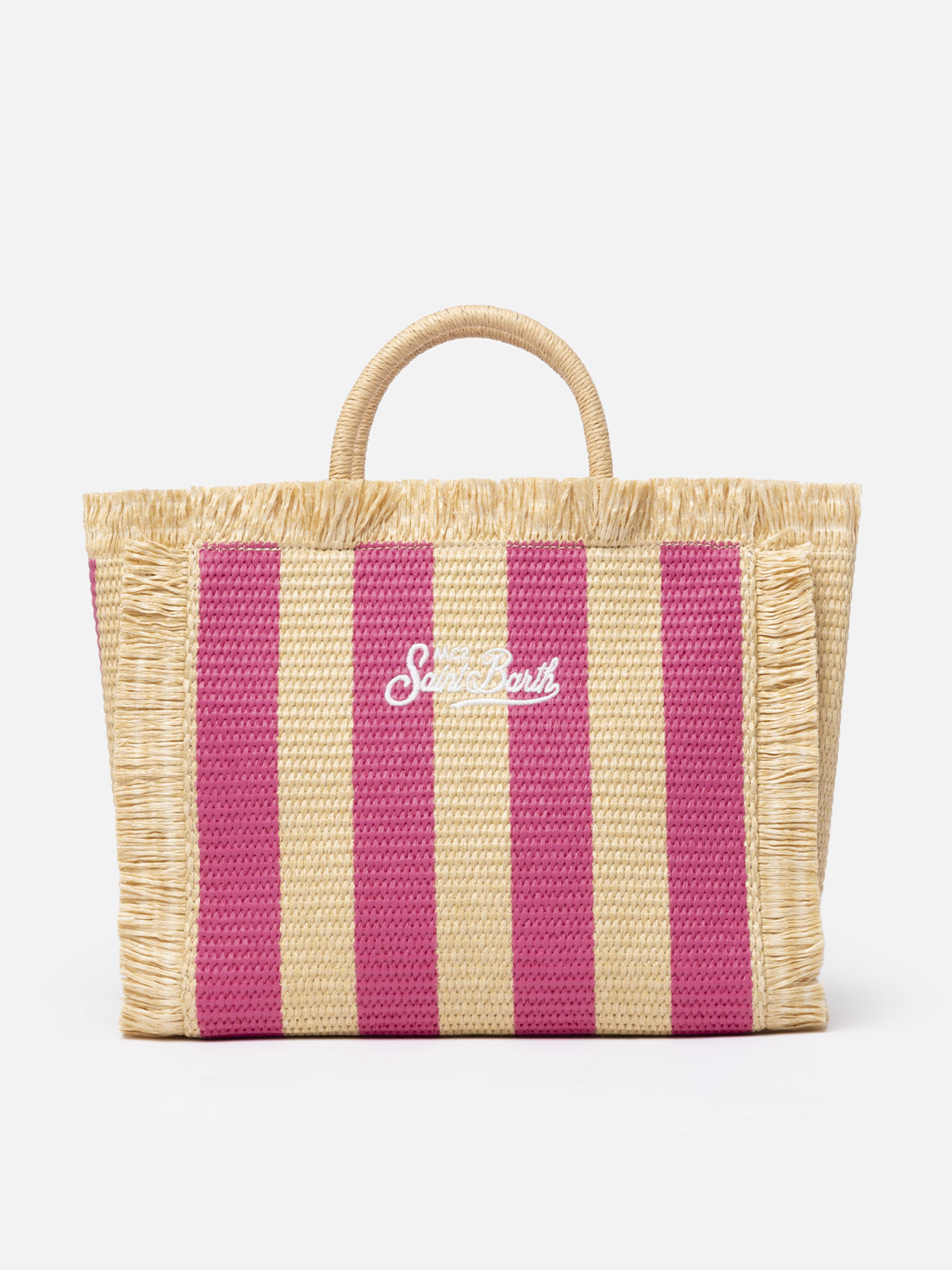 Fuchsia gestreifte Colette Straw-Handtasche mit Stickerei