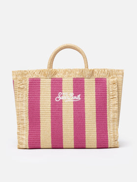Fuchsia gestreifte Colette Straw-Handtasche mit Stickerei