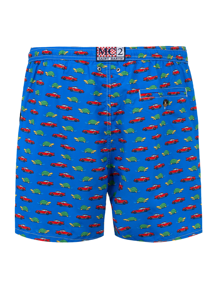 Herren-Badeshorts aus leichtem Stoff mit Schildkröten- und Autoaufdruck