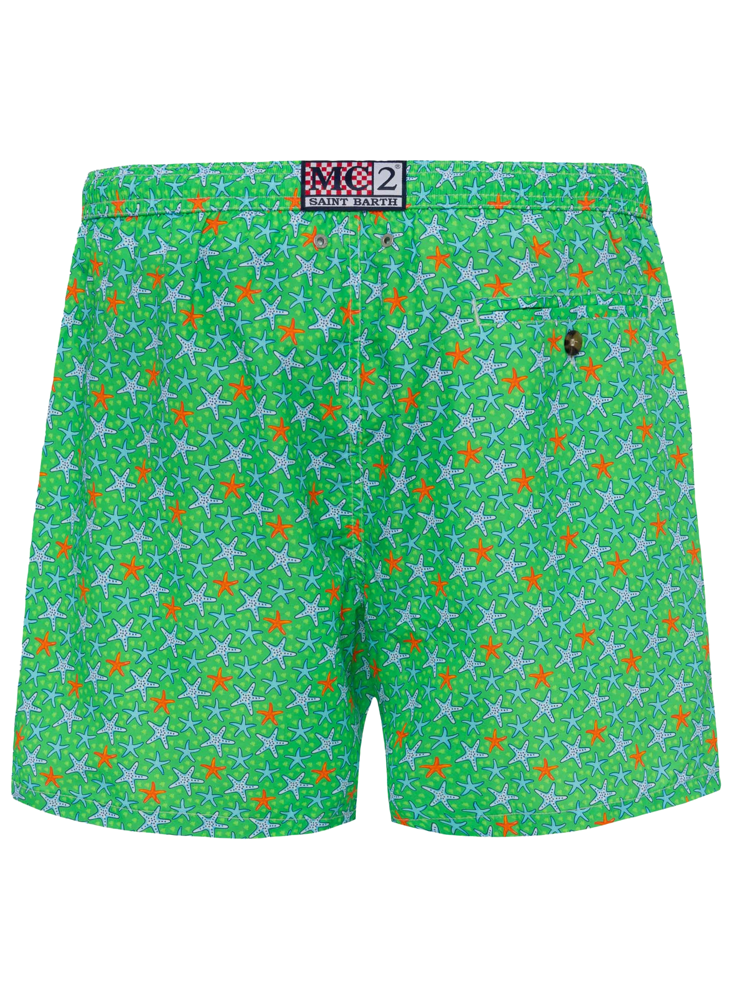 Man light fabric swim shorts with multicolor starfish print