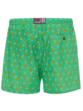Man light fabric swim shorts with multicolor starfish print