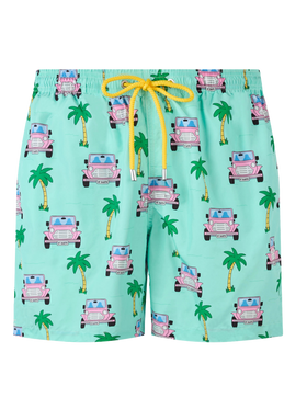 Man lightweight fabric swim-shorts Lighting with off-road car print