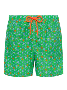 Man light fabric swim shorts with multicolor starfish print