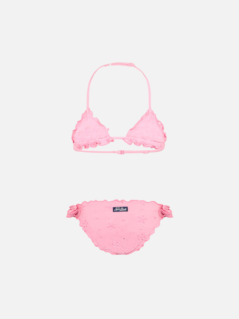 Girl pink classic triangle bikini Cris with Sangallo embroidery