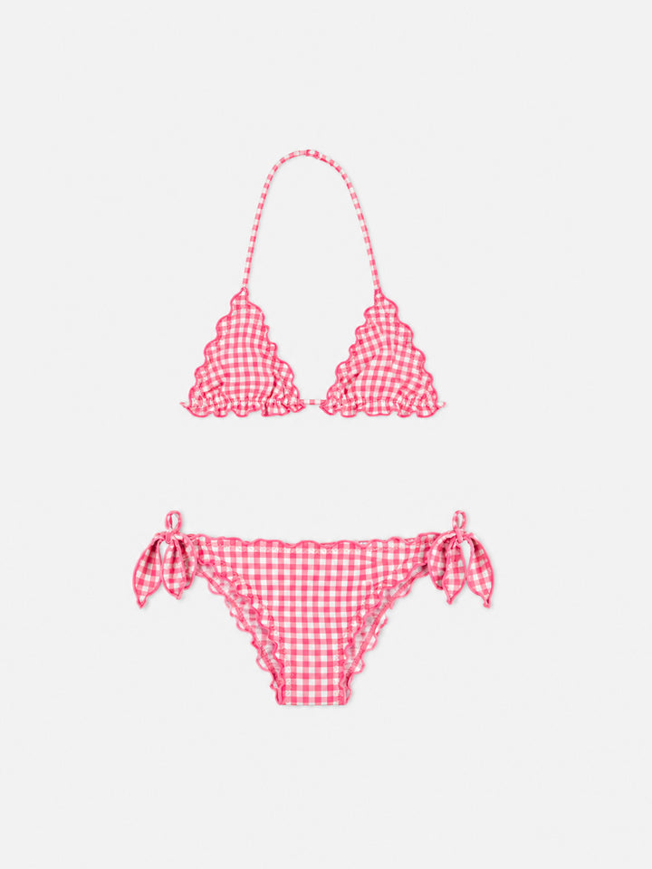 Bikini triangular para niña con estampado vichy rosa 