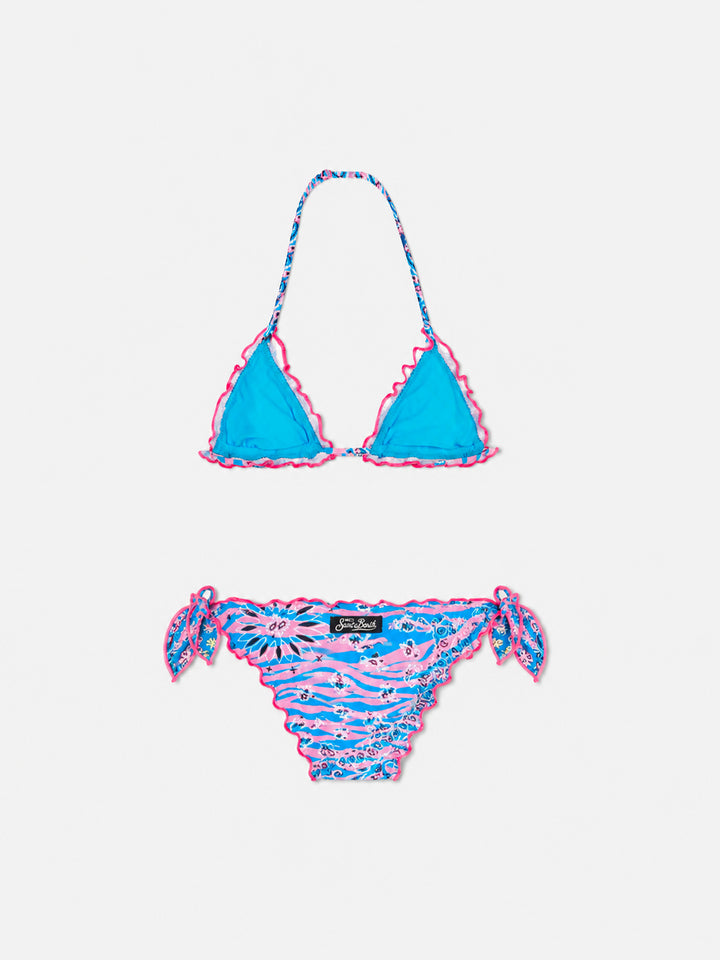 Bikini da bambina a triangolo con stampa bandana zebrata