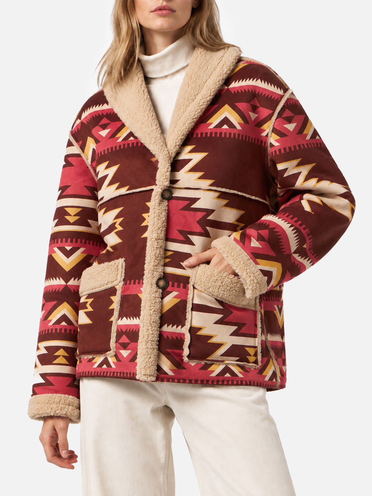 Beiger wendbarer Dorys-Mantel aus Shearling mit Ethno-Muster 
