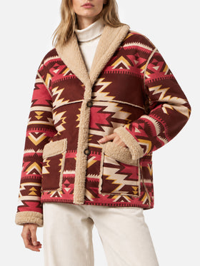 Beiger wendbarer Dorys-Mantel aus Shearling mit Ethno-Muster 