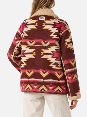 Beiger wendbarer Dorys-Mantel aus Shearling mit Ethno-Muster 