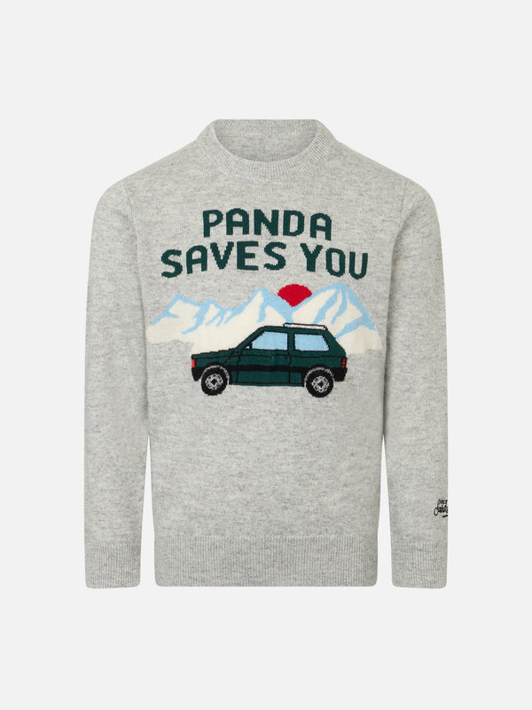 Rundhalspullover für Jungen mit „Panda saves you“-Jacquard-Aufdruck