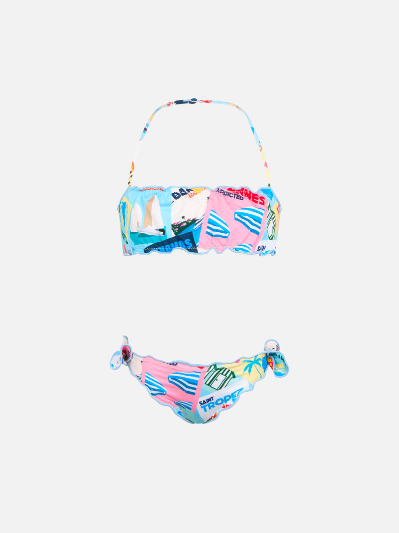 Emy classic bandeau bikini with postcard print