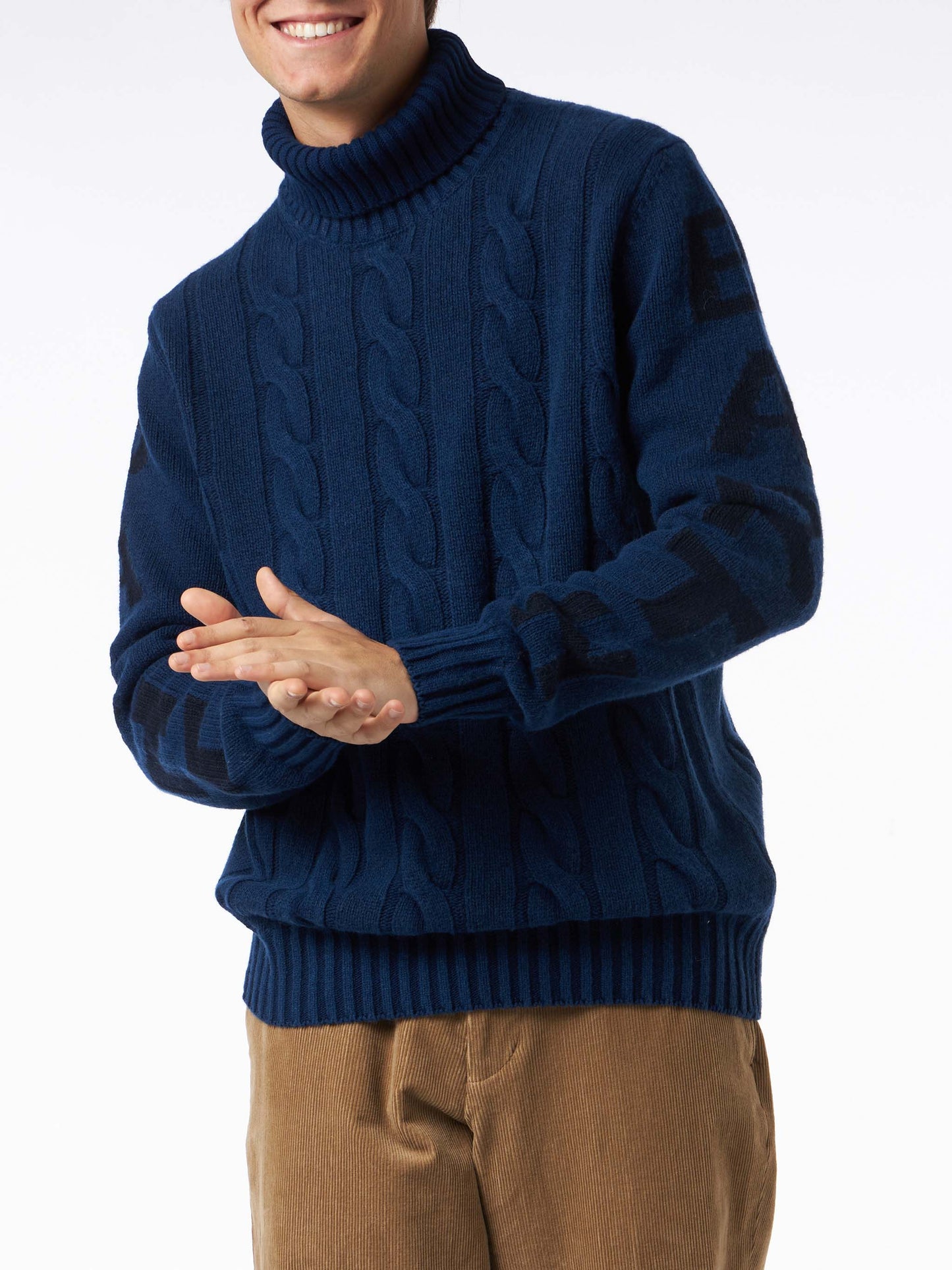 Maglione da uomo vintage blu intrecciato a collo alto pesante