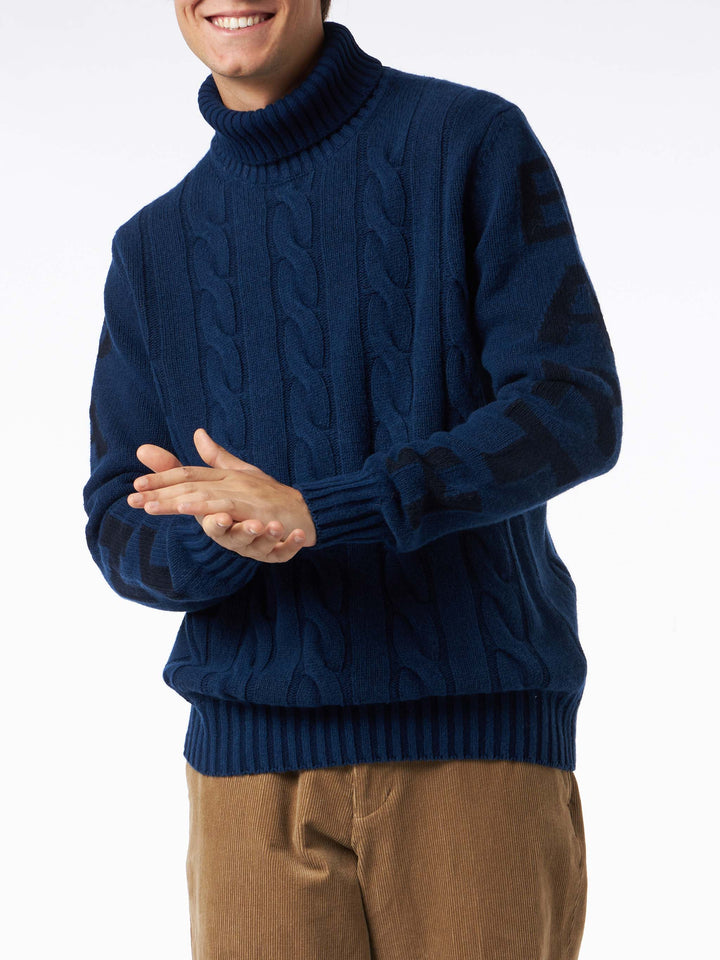 Maglione da uomo vintage blu intrecciato a collo alto pesante