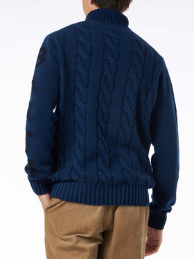 Maglione da uomo vintage blu intrecciato a collo alto pesante