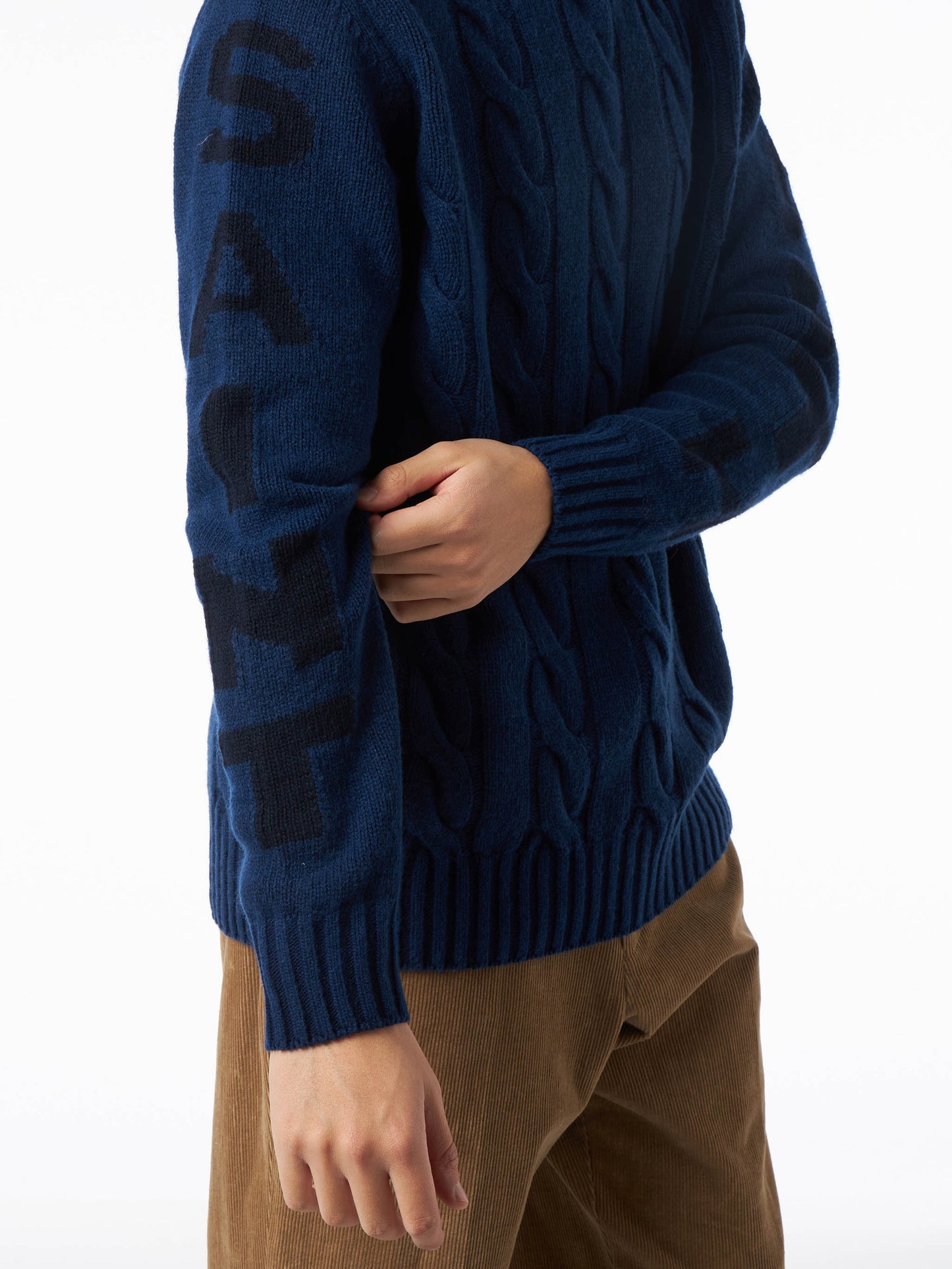 Maglione da uomo vintage blu intrecciato a collo alto pesante
