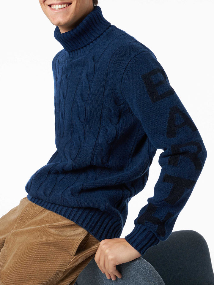 Maglione da uomo vintage blu intrecciato a collo alto pesante