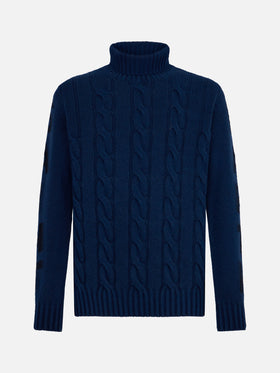 Maglione da uomo vintage blu intrecciato a collo alto pesante
