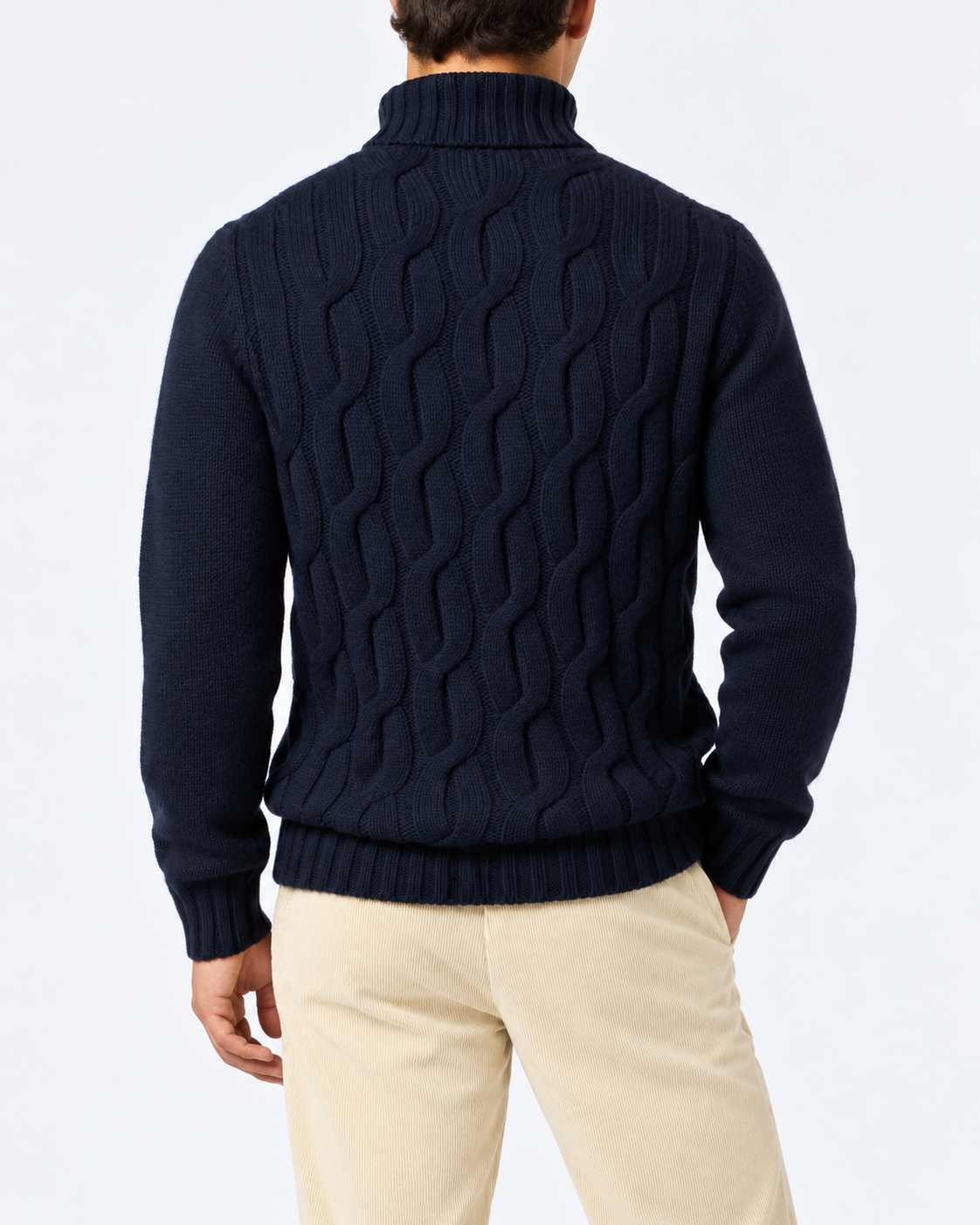 Navy blue Fisherman cable knit turtleneck sweater