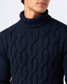 Navy blue Fisherman cable knit turtleneck sweater