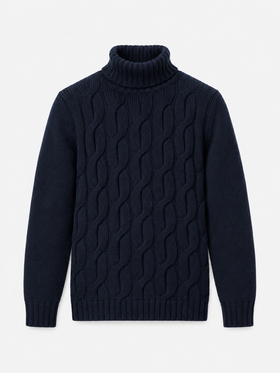 Navy blue Fisherman cable knit turtleneck sweater
