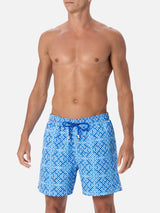 Man mid-length Gustavia swim-shorts with geometric majolica print