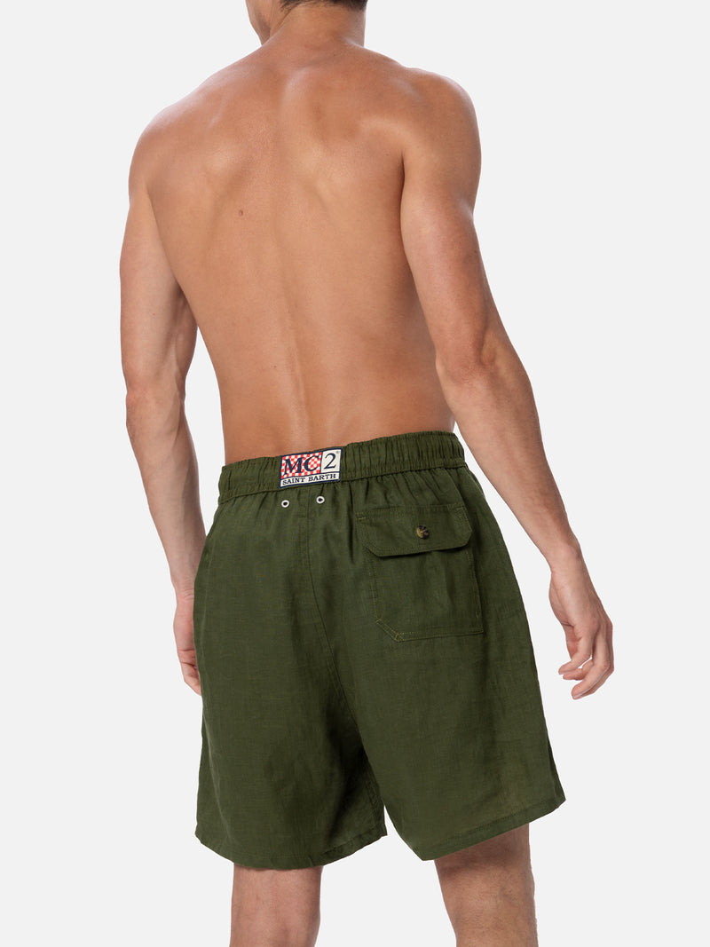 Man mid-length military green linen swim-shorts Gustavia