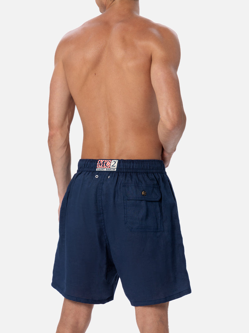 Man mid-length navy blue linen swim-shorts Gustavia