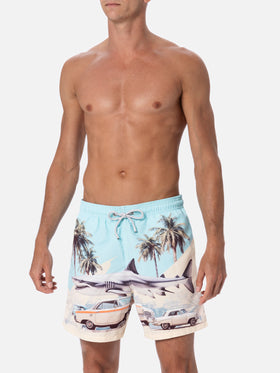 Man mid-length Gustavia swim-shorts with car and shark placed print  | AI CO-CREATED DESIGN BY RICKDICK - POWERED BY RED