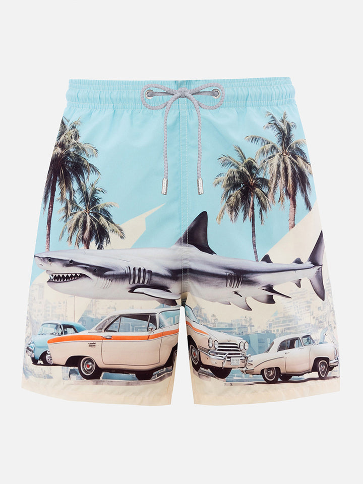 Man mid-length Gustavia swim-shorts with car and shark placed print  | AI CO-CREATED DESIGN BY RICKDICK - POWERED BY RED
