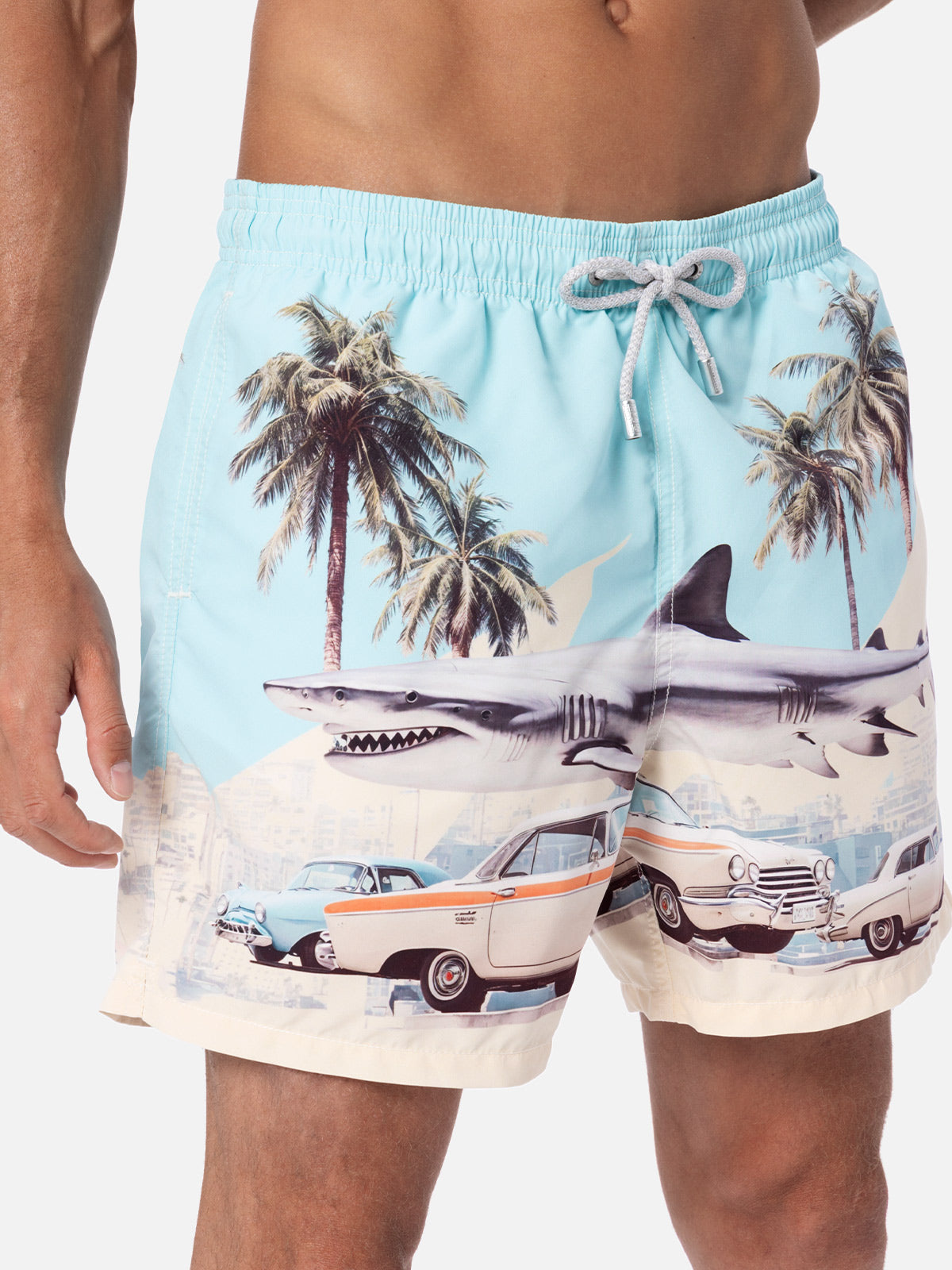 Man mid-length Gustavia swim-shorts with car and shark placed print  | AI CO-CREATED DESIGN BY RICKDICK - POWERED BY RED