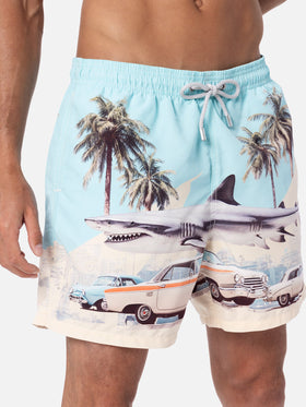 Man mid-length Gustavia swim-shorts with car and shark placed print  | AI CO-CREATED DESIGN BY RICKDICK - POWERED BY RED