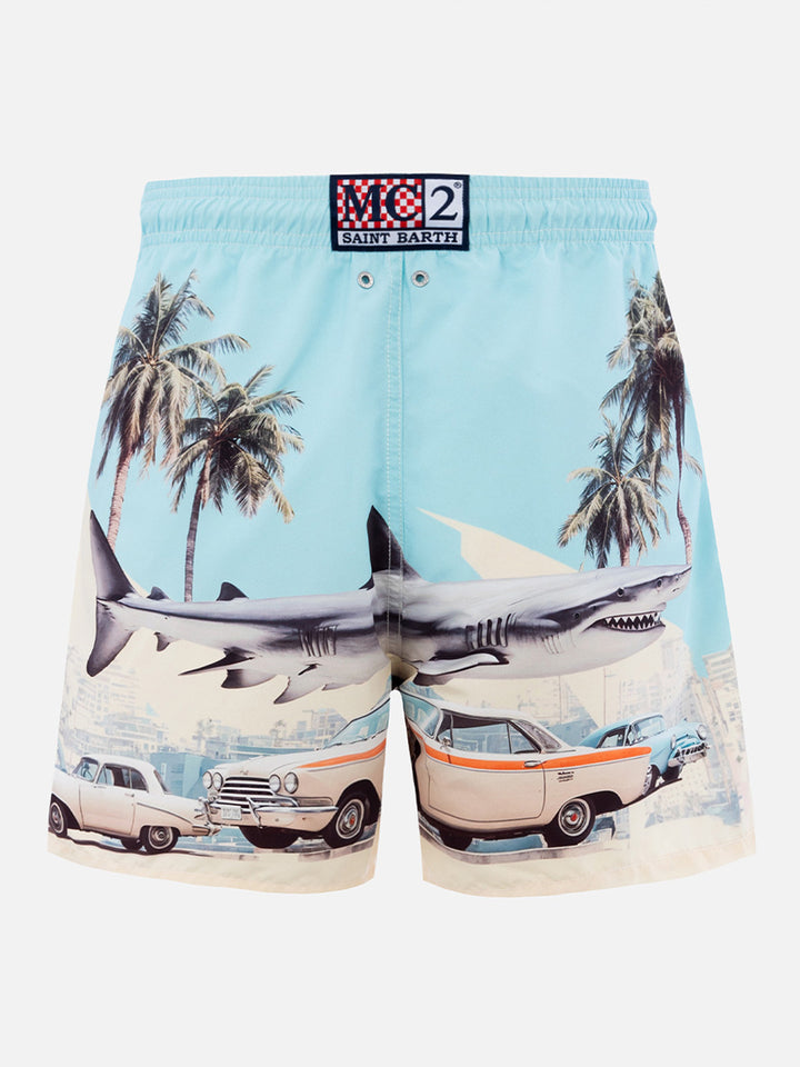 Man mid-length Gustavia swim-shorts with car and shark placed print  | AI CO-CREATED DESIGN BY RICKDICK - POWERED BY RED