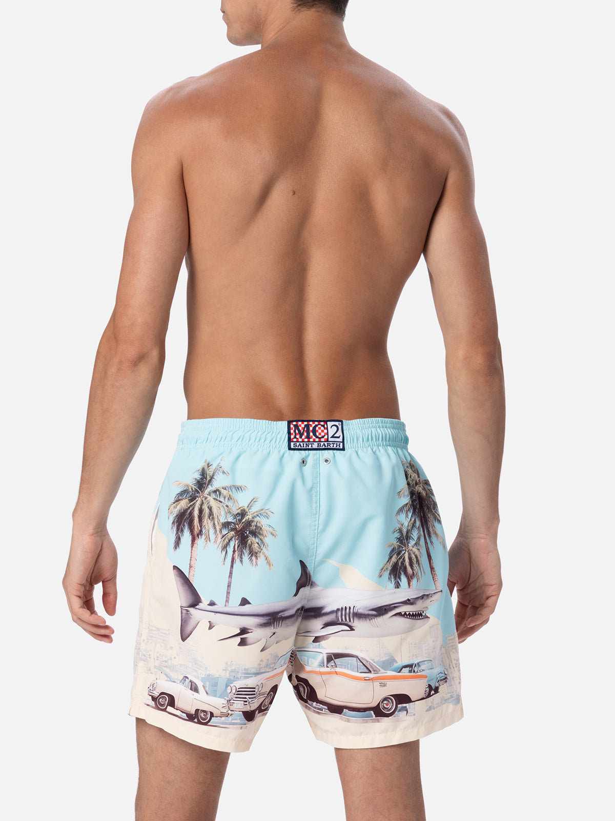 Man mid-length Gustavia swim-shorts with car and shark placed print  | AI CO-CREATED DESIGN BY RICKDICK - POWERED BY RED